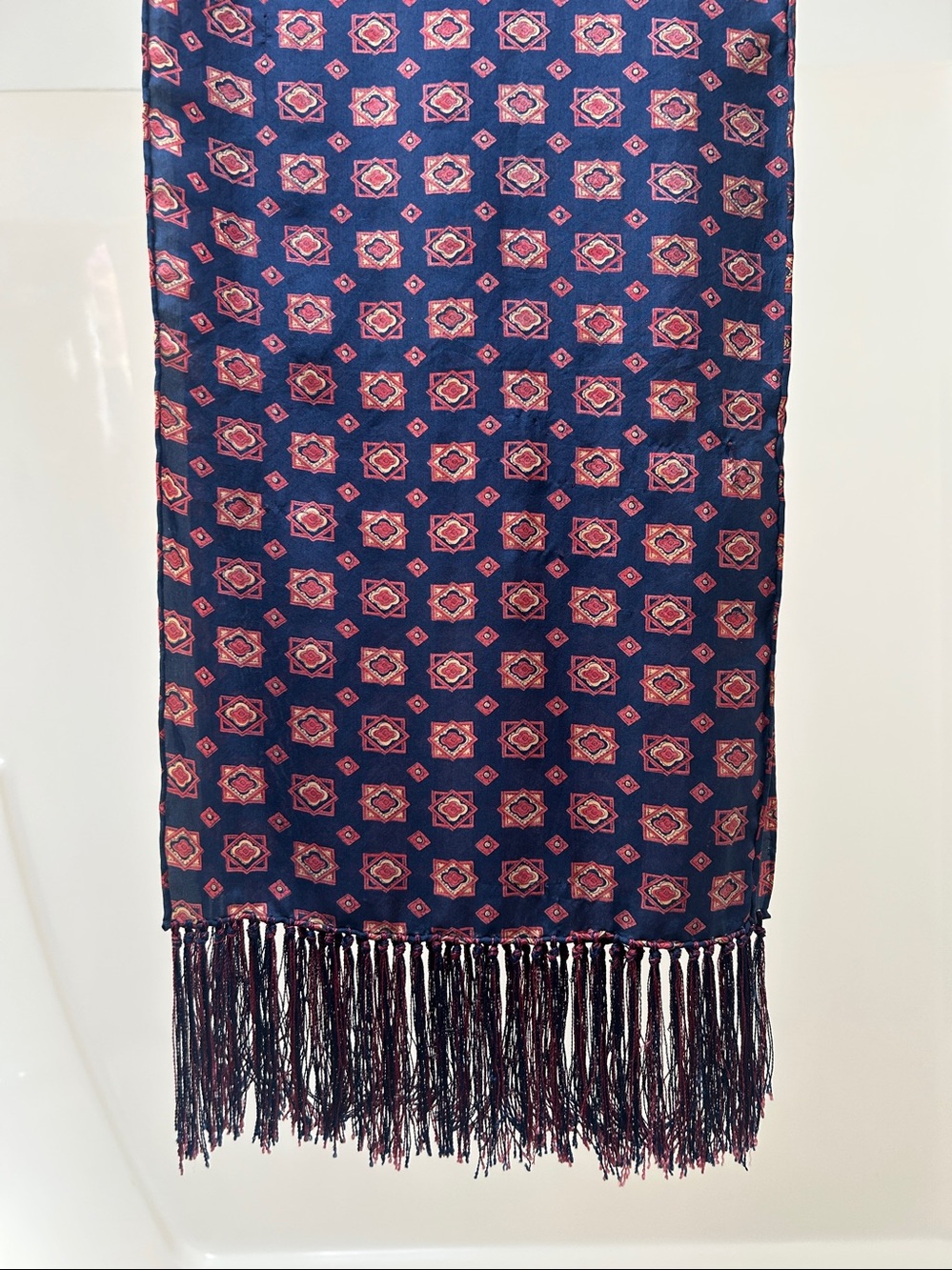Beautiful Silk Scarf. Navy Printed Fringe with Red Geometric Motif.